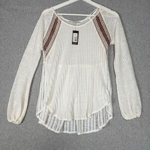 Miss Me Womens Size XS Pullover Top Cream Semi Sheer Long Sleeve Ribbed NWT